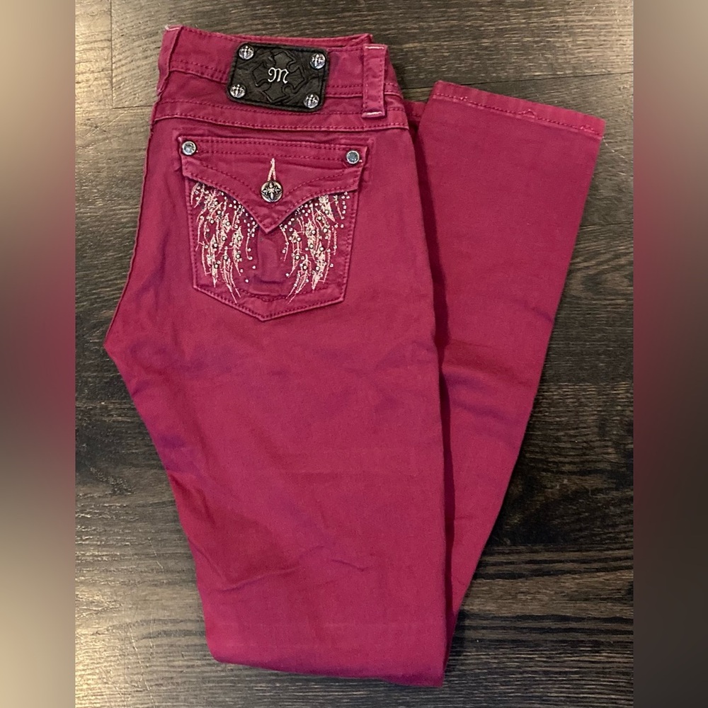 Miss Me Cranberry Embellished Flap Pocket Low-Rise Skinny Jeans Size 28